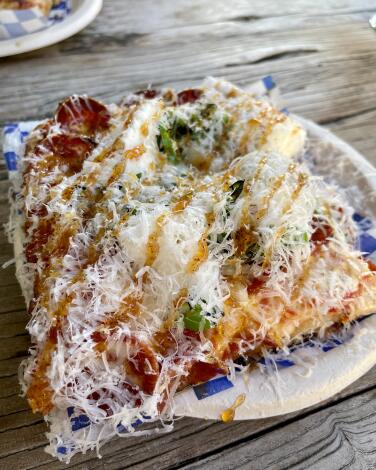 A slice of pepperoni pizza from 惭颈别惫è, a pizza pop-up at Kiff Kafe in West Los Angeles.