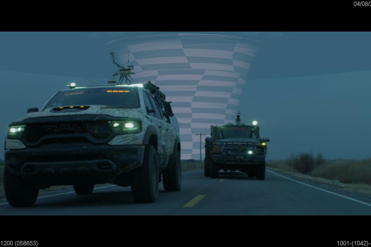 Before and after photos show how the visual effects team turned wireframes into stunning CGI shots of realistic tornadoes.