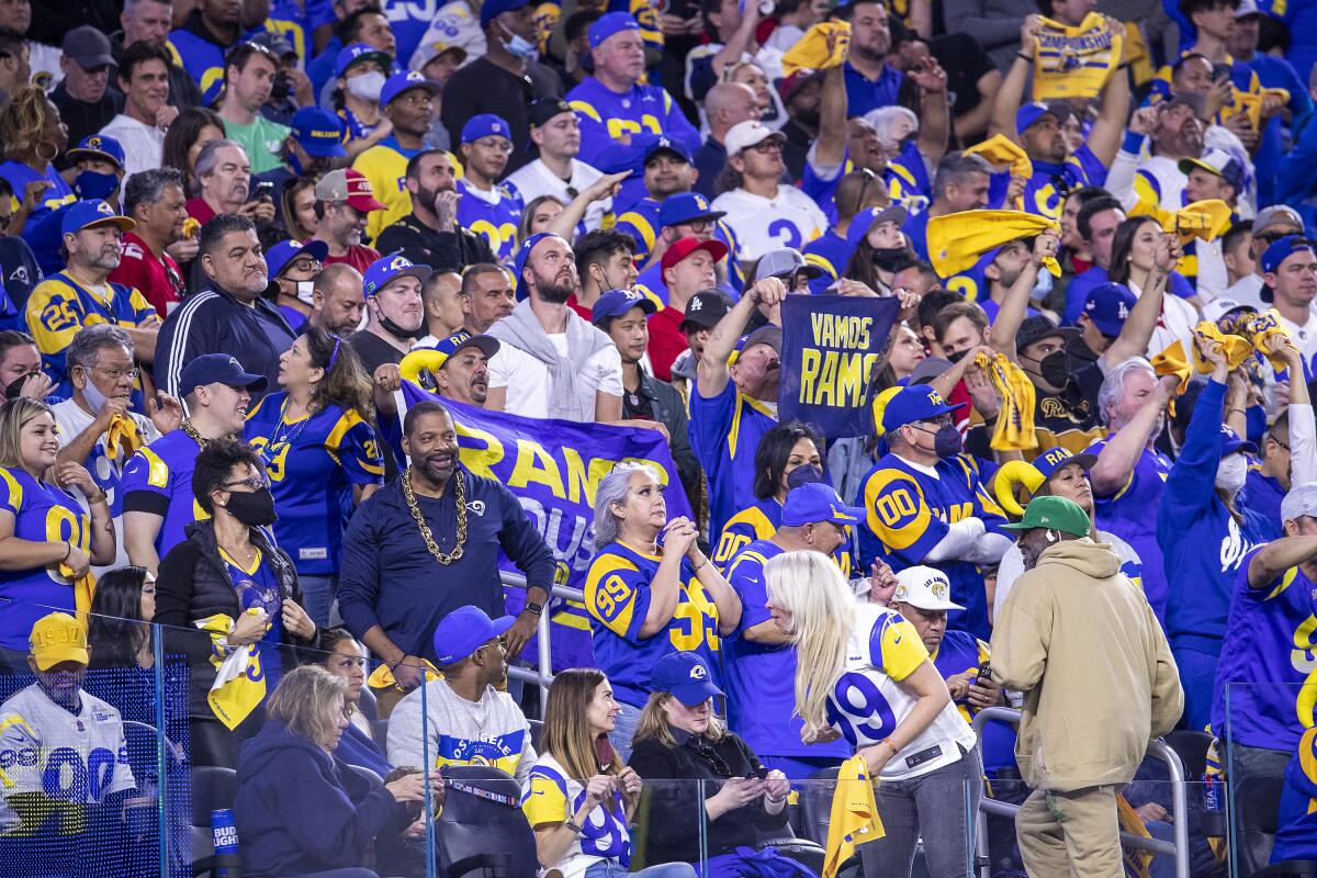 Rams and 49ers fans watch the NFC championship game at SoFi Stadium on Jan. 30.