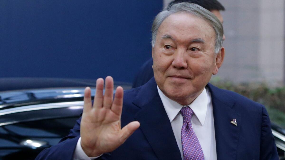Kazakh President Nursultan Nazarbayev arrives Oct. 19, 2018, for an Asia-Europe meeting at the European Council in Brussels.