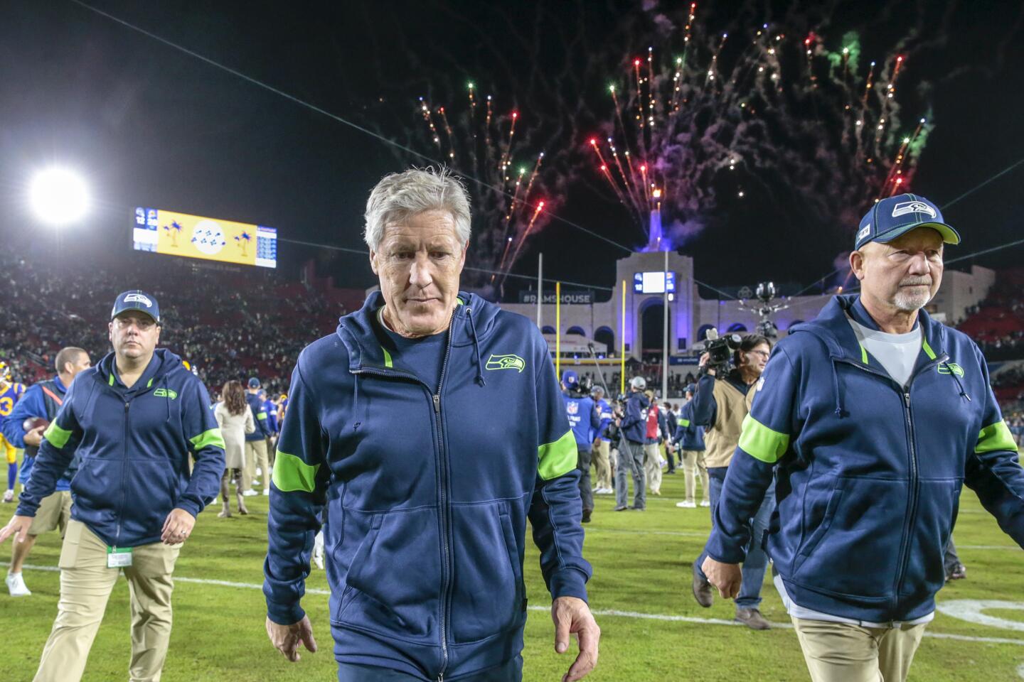 Seattle Seahawks coach Pete Carroll walks off the field at the Coliseum following the Rams' 28-12 victory.