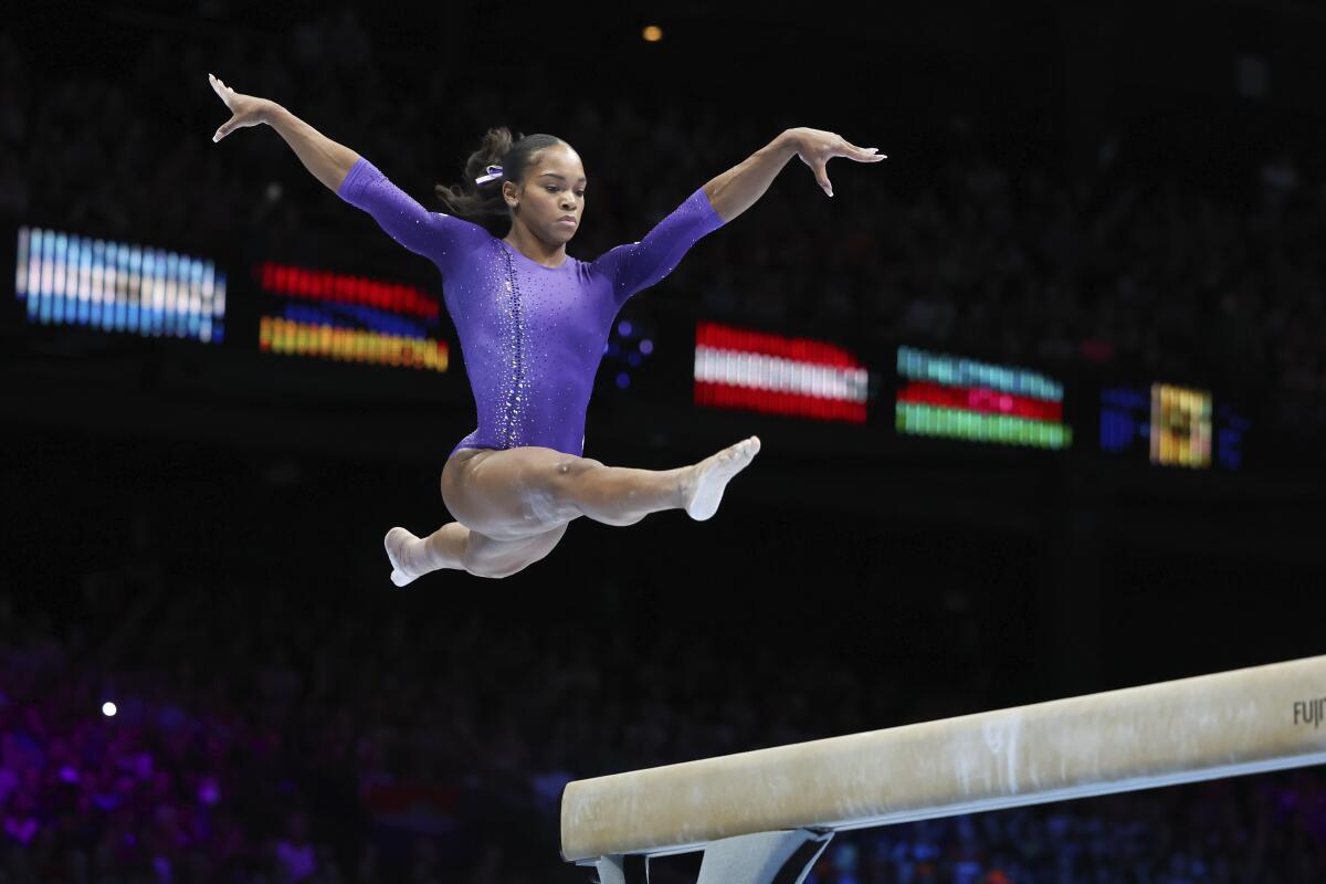 Shilese Jones competes on the beam at the gymnastics world championships in October.