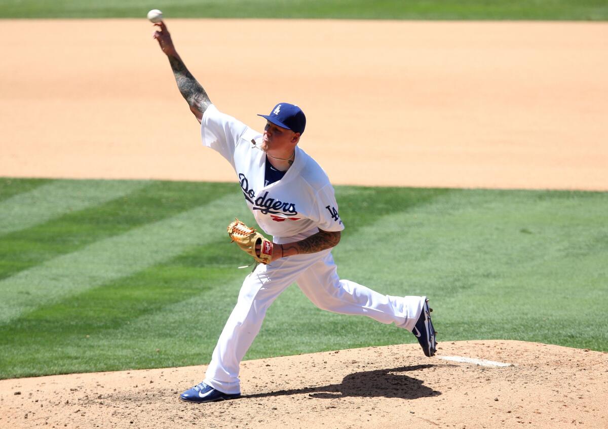 Starting pitcher Mat Latos allowed one run in six innings in his debut with the Dodgers.