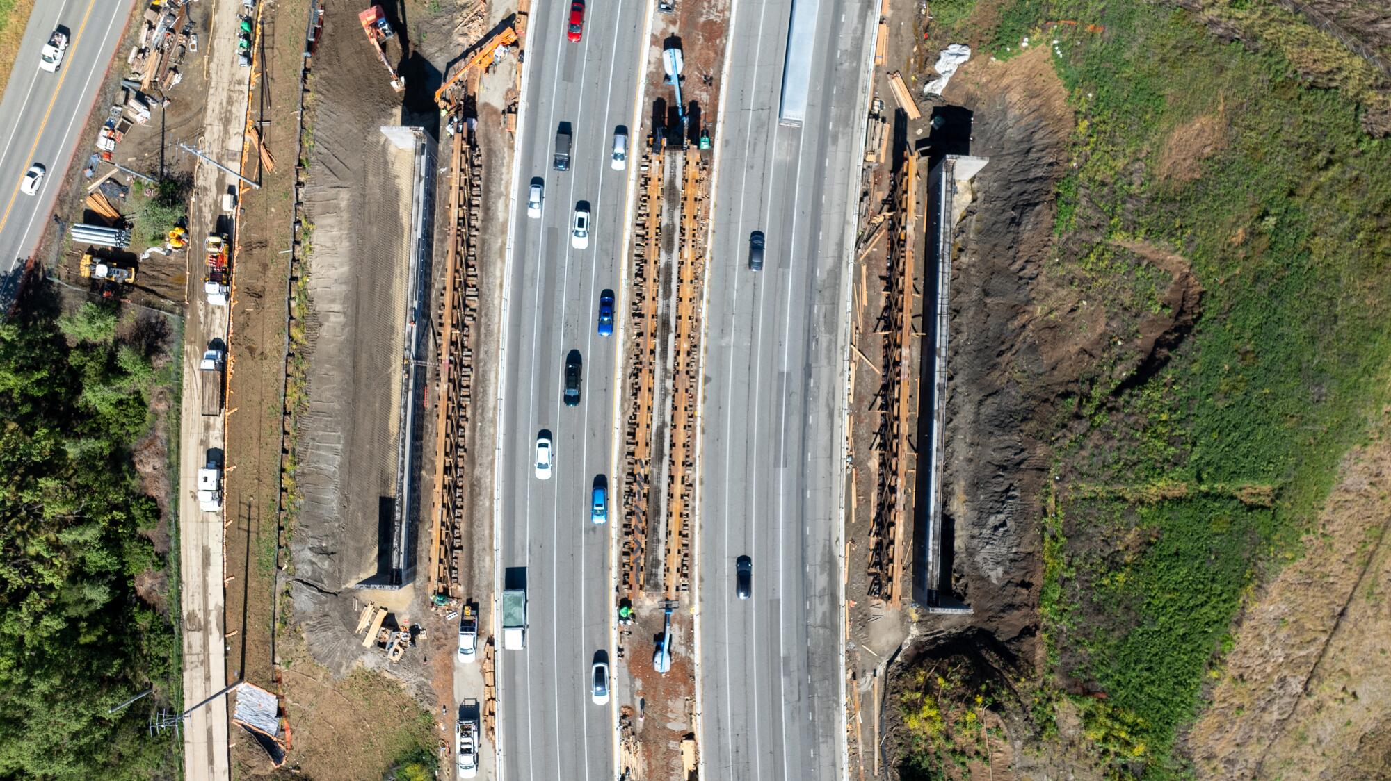 A bird's-eye view of the 101 Freeway in Agoura Hills where a wildlife crossing is being constructed. 