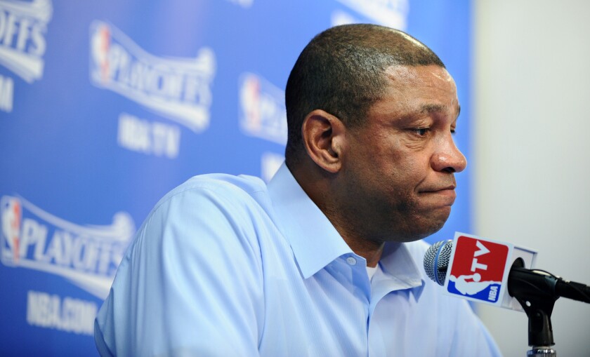 Clippers Coach Doc Rivers speaks to the media before Game 4 of his team's first-round playoff series against the Golden State Warriors on Sunday.