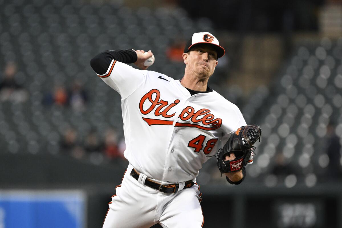 Kyle Gibson of the Baltimore Orioles pitches in the first inning