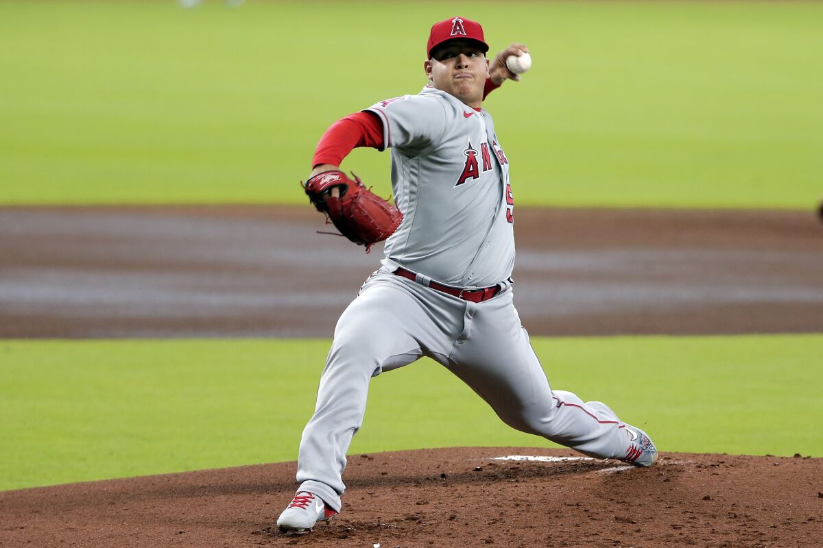 Angels pitcher Jose Suarez throws against the Houston Astros.