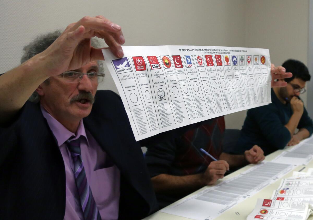 A Turkish election official in the capital, Ankara, holds up a ballot with logos of the 15 parties participating in the election Sunday.