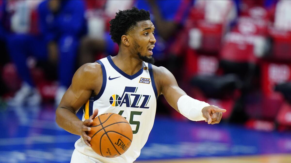 Utah Jazz standout Donovan Mitchell plays during a game.