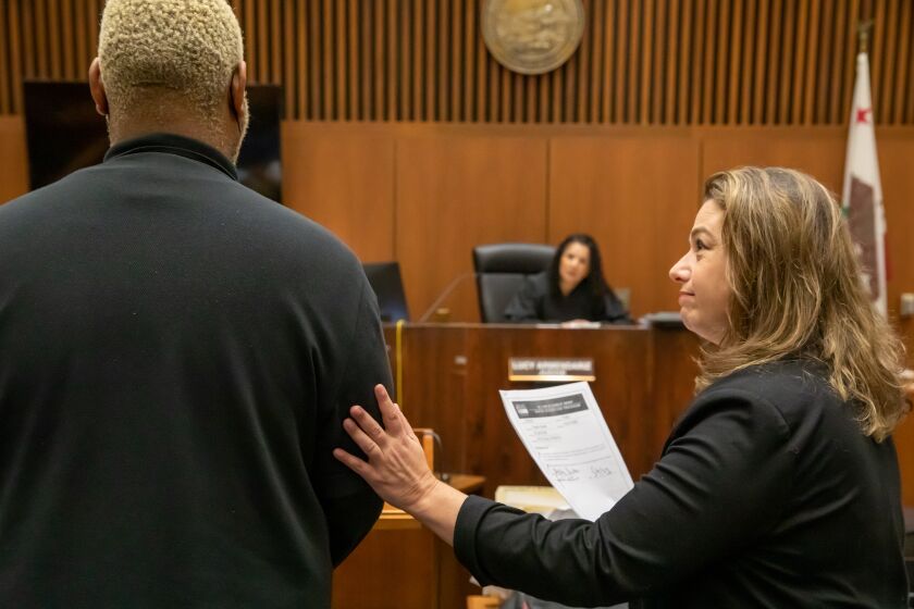 LOS ANGELES, CA - MAY 24: The defendant appears before Judge Maria Lucy Armendariz with his public defender, Caroline Goodson in Dept. 48, Clara Shortridge Foltz Criminal Justice Center, Los Angeles, CA. (Irfan Khan / Los Angeles Times)