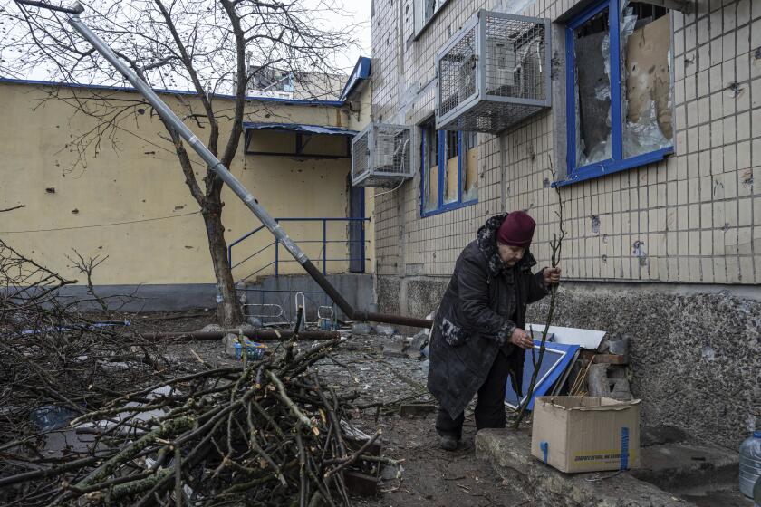 Emilia Budskaya, a local resident who decided to stay in the city breaks dead tree branches to heat her basement in the frontline city of Vuhledar, Ukraine, Saturday, Feb. 25, 2023. (AP Photo/Evgeniy Maloletka)
