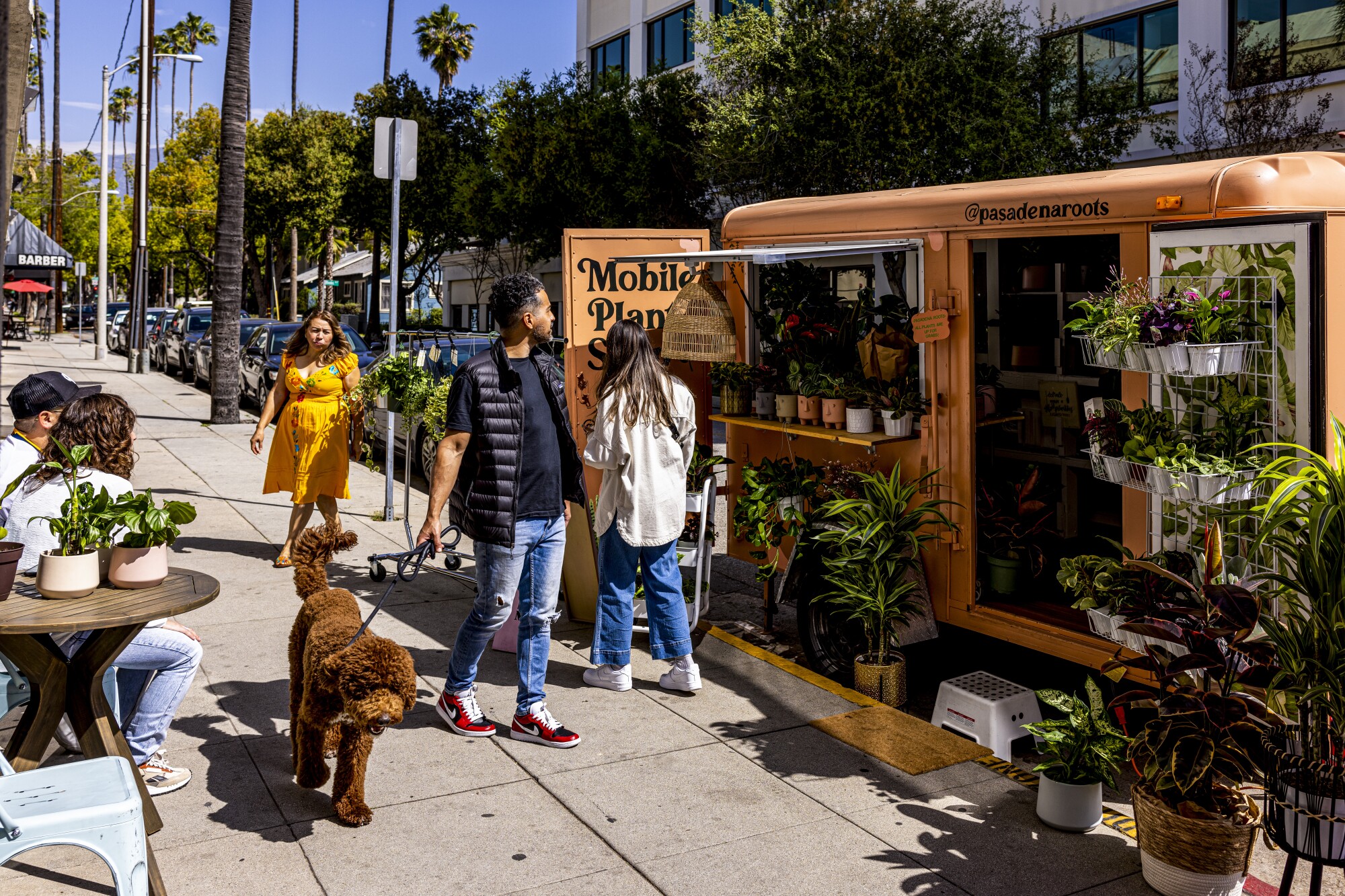 A customer with a dog strolls past a plants truck