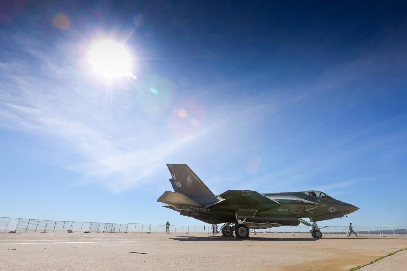 A Lockheed Martin F-35C Lighting II, now based at Marine Corps Air Station Miramar, in Fighter Attack Squadron 314, the Black Knights, was on display, January 31, 2020 in San Diego, California, during an inauguration event for the plane, new to Miramar.