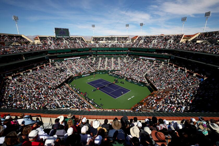INDIAN WELLS, CALIFORNIA - MARCH 15: A general view of Stadium One court as Rafael Nadal of Spain.