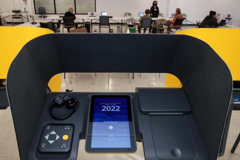 Norwalk, CA - November 03: A ballot marking device at Los Angeles County Registrar-Recorder/County Clerk on Thursday, Nov. 3, 2022 in Norwalk, CA. (Irfan Khan / Los Angeles Times)