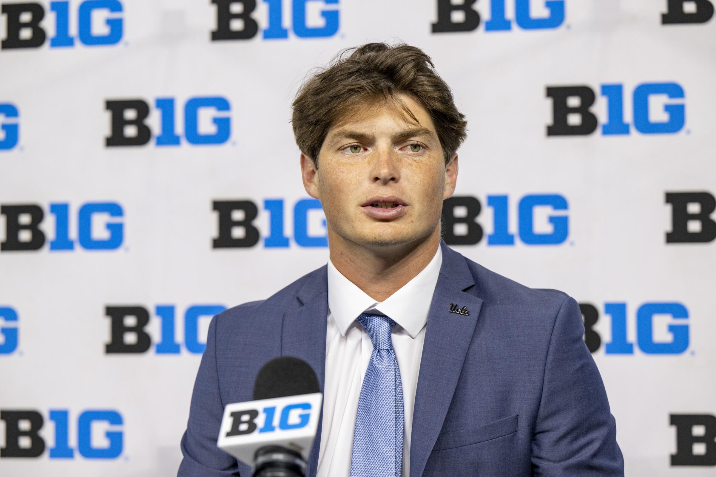 UCLA quarterback Ethan Garbers talks with reporters during Big Ten conference media days at Lucas Oil Stadium on July 24