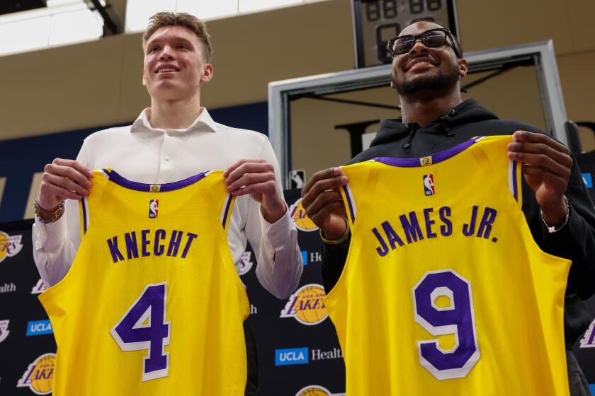 El Segundo, CA, Tuesday, July 2, 2024 - Lakers draft picks Dalton Knecht and Bronny James are introduced at the UCLA Health Training Center. (Robert Gauthier/Los Angeles Times)