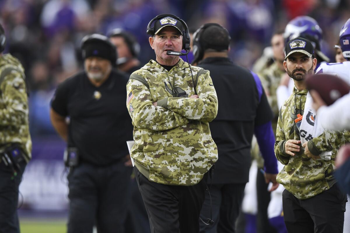Vikings coach Mike Zimmer looks on from the sideline during the second half of a game at Baltimore on Nov. 7, 2021.