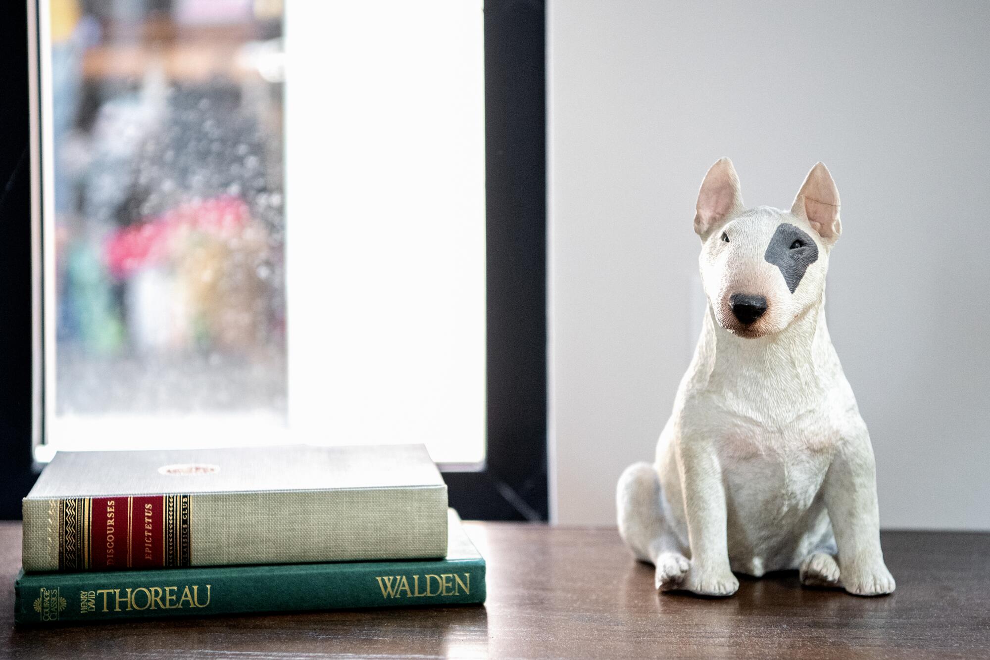 Two books and a statue of a dog sit on a wooden surface indoors.
