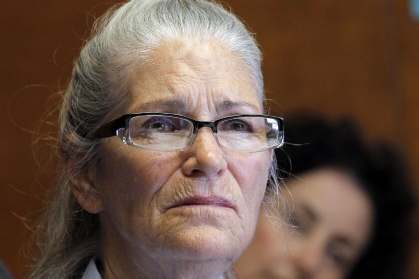 FILE- In this June 5, 2013, file photo, Leslie Van Houten appears during her parole hearing at the California Institution for Women in Chino, Calif. The youngest of Charles MansonGÇÖs followers to take part in one of the nationGÇÖs most notorious killings is trying again for parole. Van Houten is scheduled for her 21st hearing before a parole board panel Thursday, April 14, 2016, at a womenGÇÖs prison in Corona, Calif. (AP Photo/Nick Ut, File)
