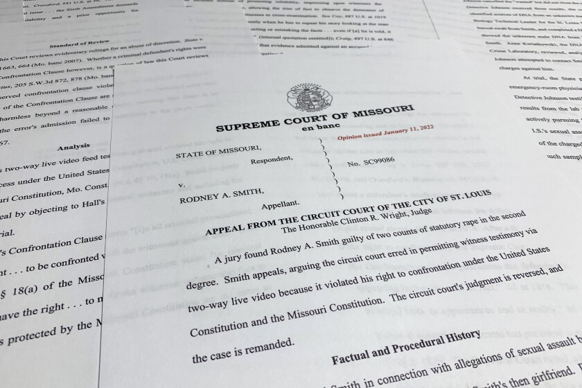 The ruling from the Missouri Supreme Court, photographed Thursday, Jan 13, 2021, that reversed the statutory rape conviction of Rodney A. Smith from St. Louis. The court found that an investigator's video testimony violated the defendant's Sixth Amendment right to confront the witnesses against him. Unlike many pandemic-era cases, the trial judge went ahead despite the defendant's objections. (AP Photo/Jon Elswick)