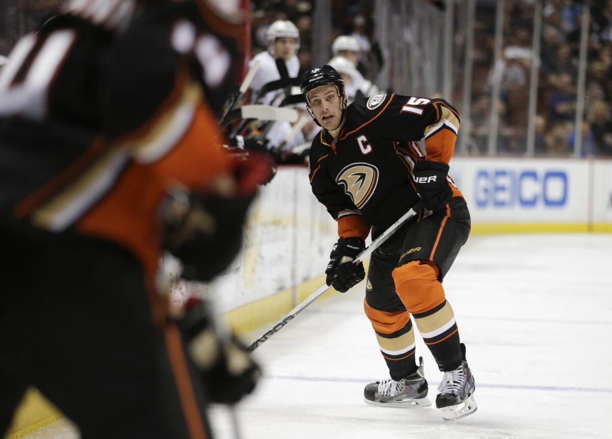 Ducks center Ryan Getzlaf moves the puck during the second period of a game March 6 against the Pittsburgh Penguins.