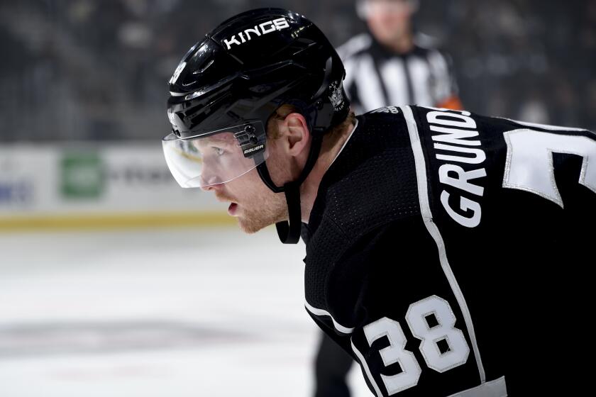 LOS ANGELES, CA - SEPTEMBER 19: Carl Grundstrom #38 of the Los Angeles Kings waits for play to resume during the first period of the preseason game against the Vegas Golden Knights at STAPLES Center on September 19, 2019 in Los Angeles, California. (Photo by Juan Ocampo/NHLI via Getty Images)