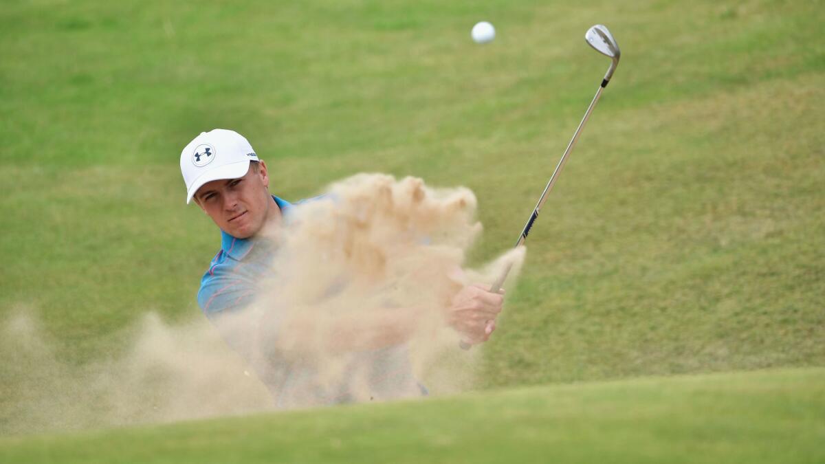 Jordan Spieth hits a bunker shot during a practice round prior to the British Open at Royal Birkdale on July 19.