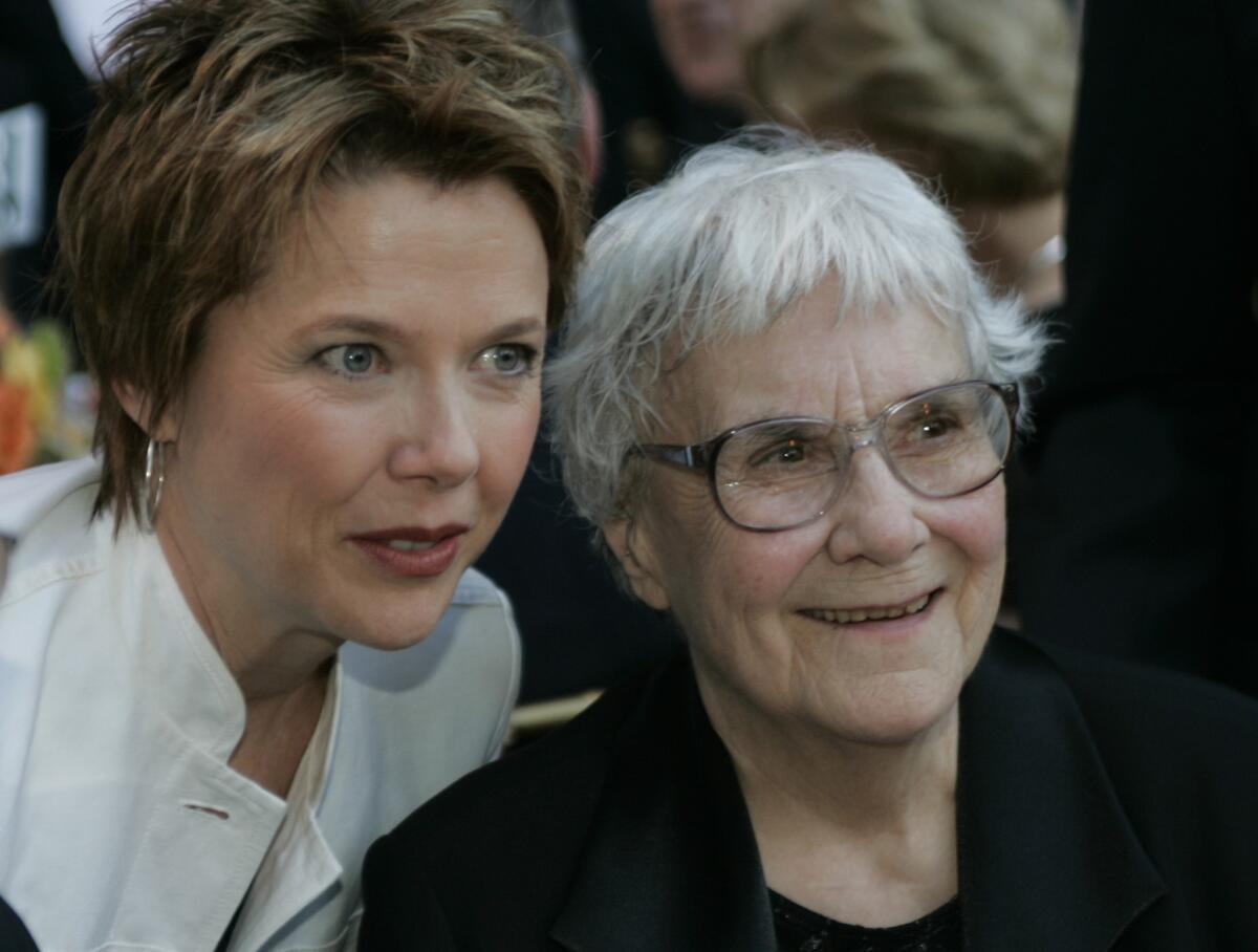 Harper Lee with actress Annette Benning at a dinner held at the Central Library honoring the author of "To Kill a Mockingbird."