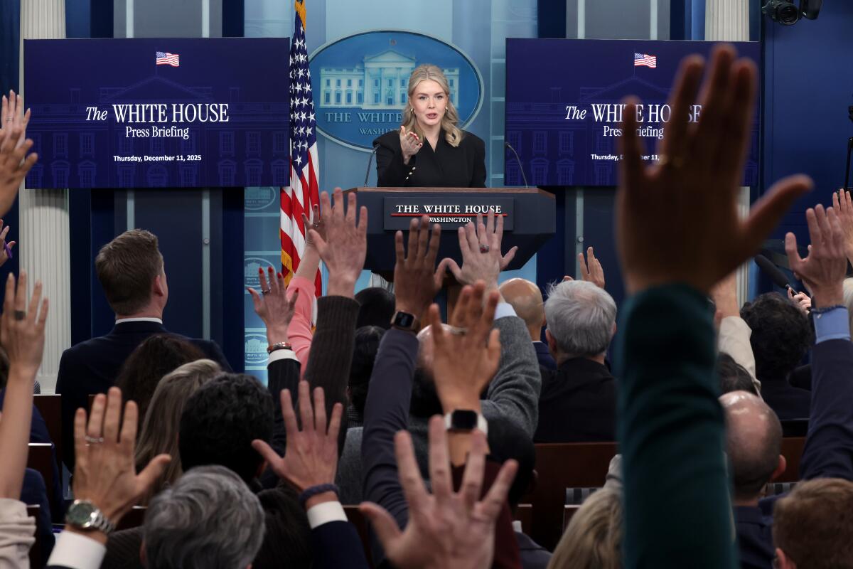 White House Press Secretary Karoline Leavitt answers questions during a press briefing
