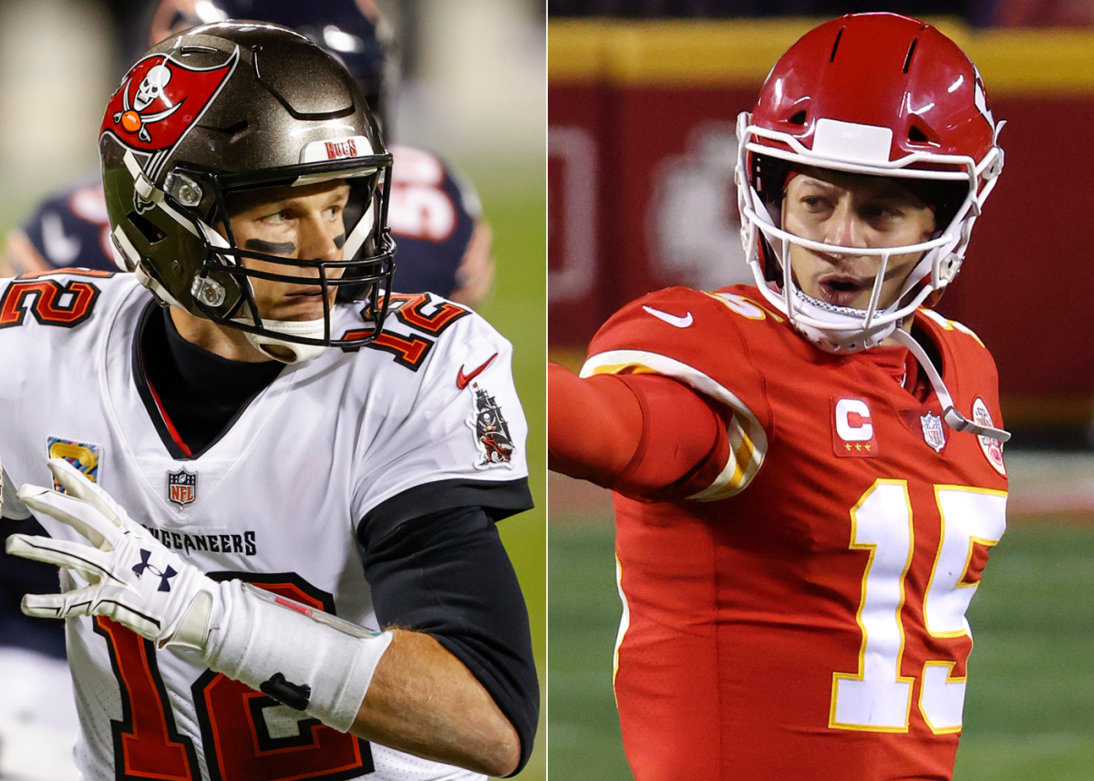 Tom Brady and Patrick Mahomes in their uniforms on the field in separate photos.
