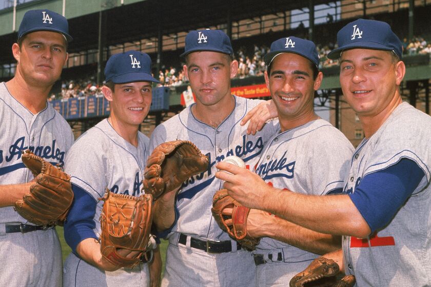 Dodgers pitchers (from left to right) Don Drysdale, Pete Richert, Stan Williams, Sandy Koufax and Johnny Podres.