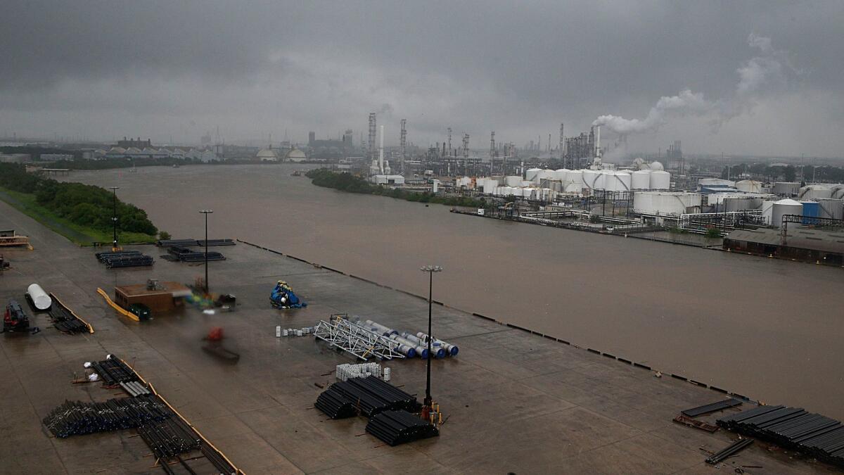 The refinery section of the Houston Ship Channel is seen as floodwaters rise Sunday.