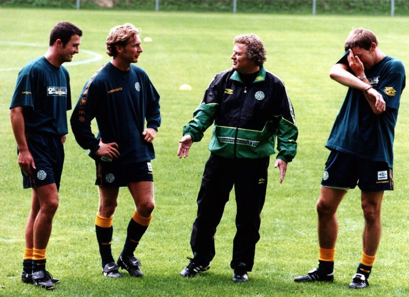 FILE - New Celtic coach Wim Jansen, second right, during a training of Celtic in the eastern Dutch city Arnhem, July 4, 1997. Former Netherlands midfielder Wim Jansen, who played and lost World Cup finals in 1974 and 1978 with the celebrated “Clockwork Orange” teams, died Tuesday, Jan. 25, 2022 aged 75, Feyenoord Rotterdam announced. (Will Dekkers/ De Telegraaf via AP, file)