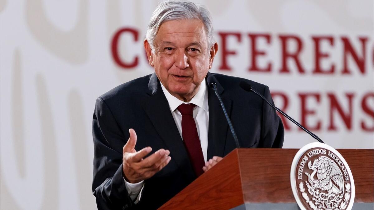 Mexican President Andres Manuel Lopez Obrador speaks on April 1, 2019, at the National Palace in Mexico City.