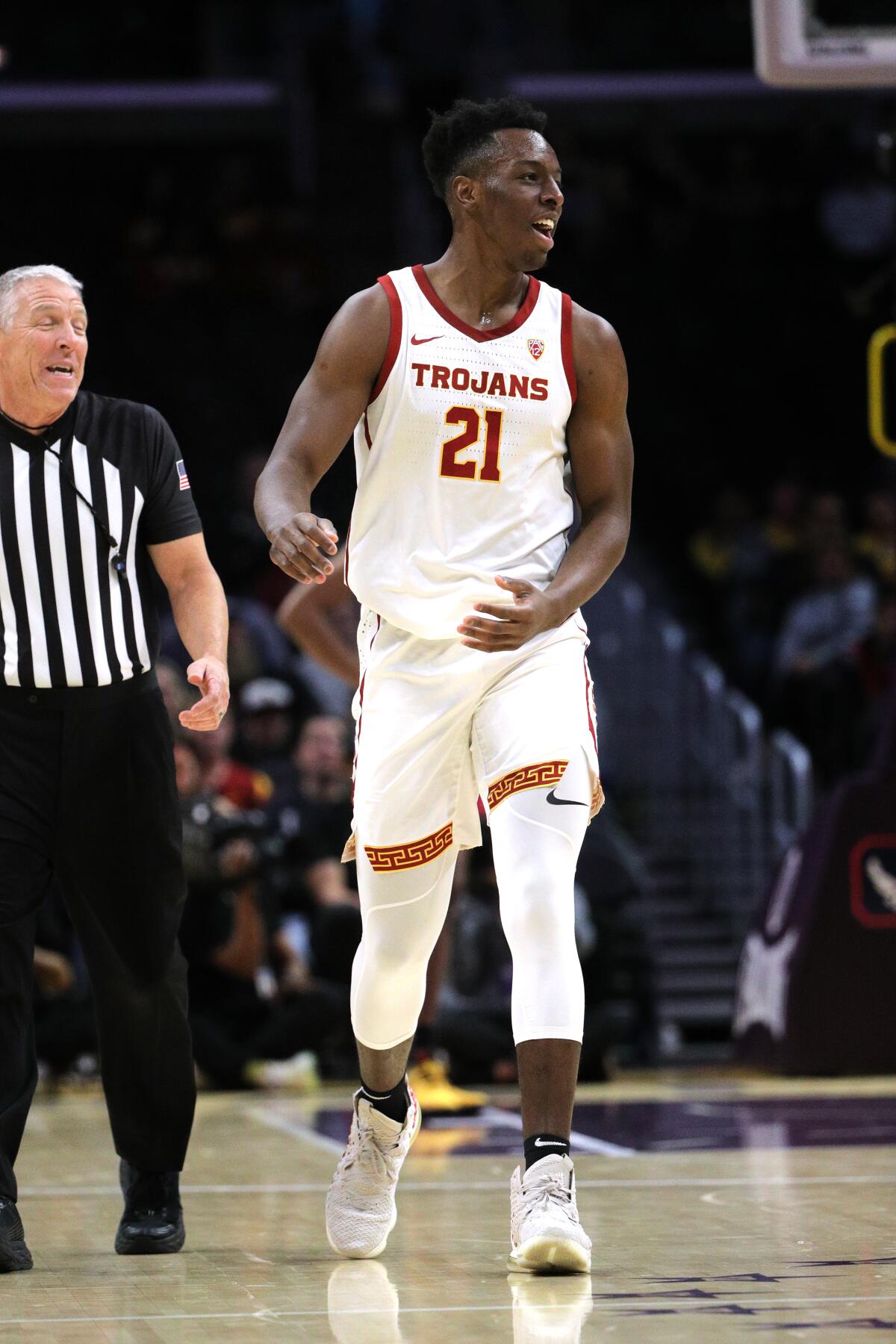 USC forward Onyeka Okongwu reacts against LSU in the 2019 Air Force Reserve Basketball Hall of Fame Classic at Staples Center on Dec. 21, 2019.