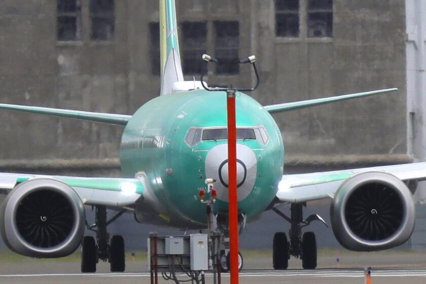A Boeing 737 MAX 8 airplane being built for Spain-based Air Europa turns before taking off on a test flight, Wednesday, April 10, 2019, at Boeing Field in Seattle. Flight test and other non-passenger-bearing flights of the plane continue in the Seattle area where the plane is manufactured, as a world-wide grounding the the 737 MAX 8 continues, following fatal crashes of MAX 8's operated by Ethiopian Airlines and Lion Air. (AP Photo/Ted S. Warren)