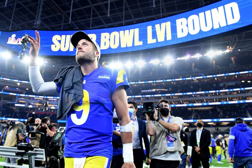 Inglewood, California January 30, 2022: Rams quarterback Matthew Stafford celebrates.