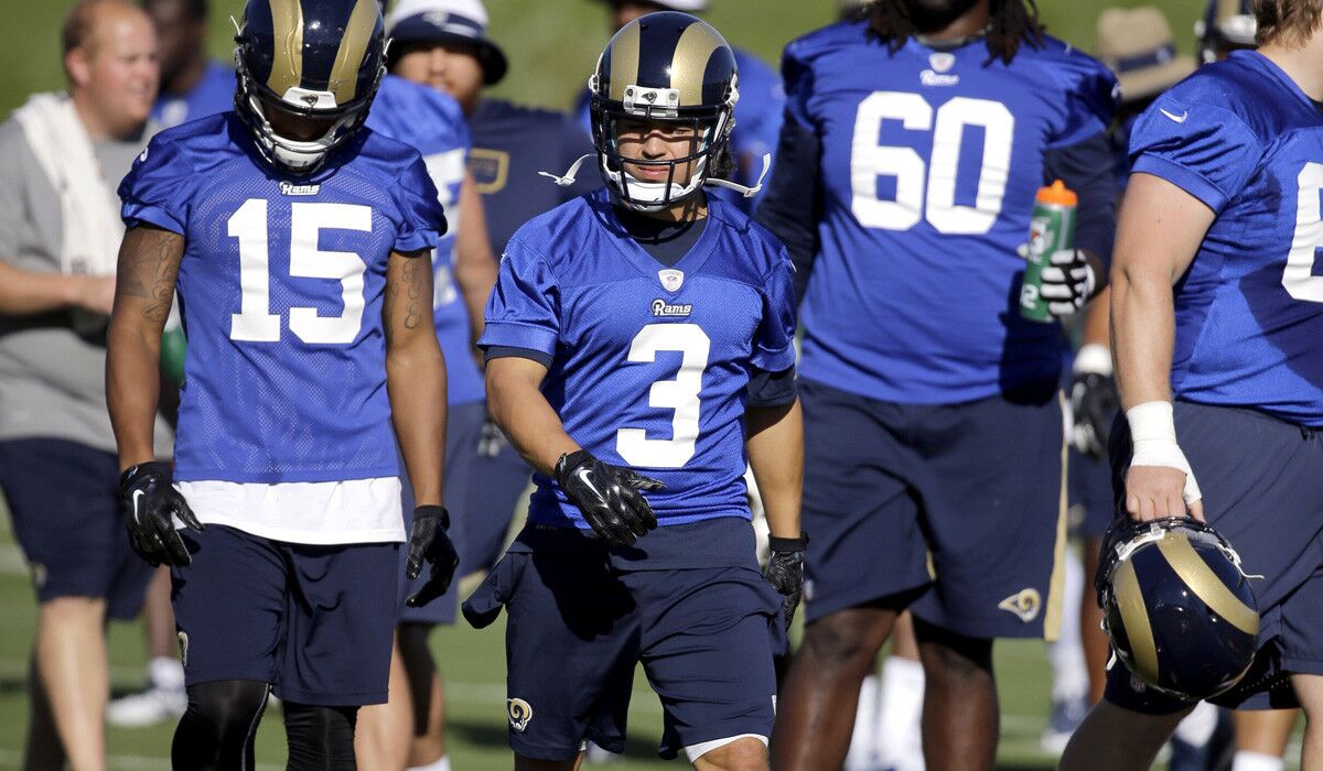 St. Louis Rams wide receiver Daniel Rodriguez takes part in a drill during training camp at the NFL football team's practice facility on Tuesday.