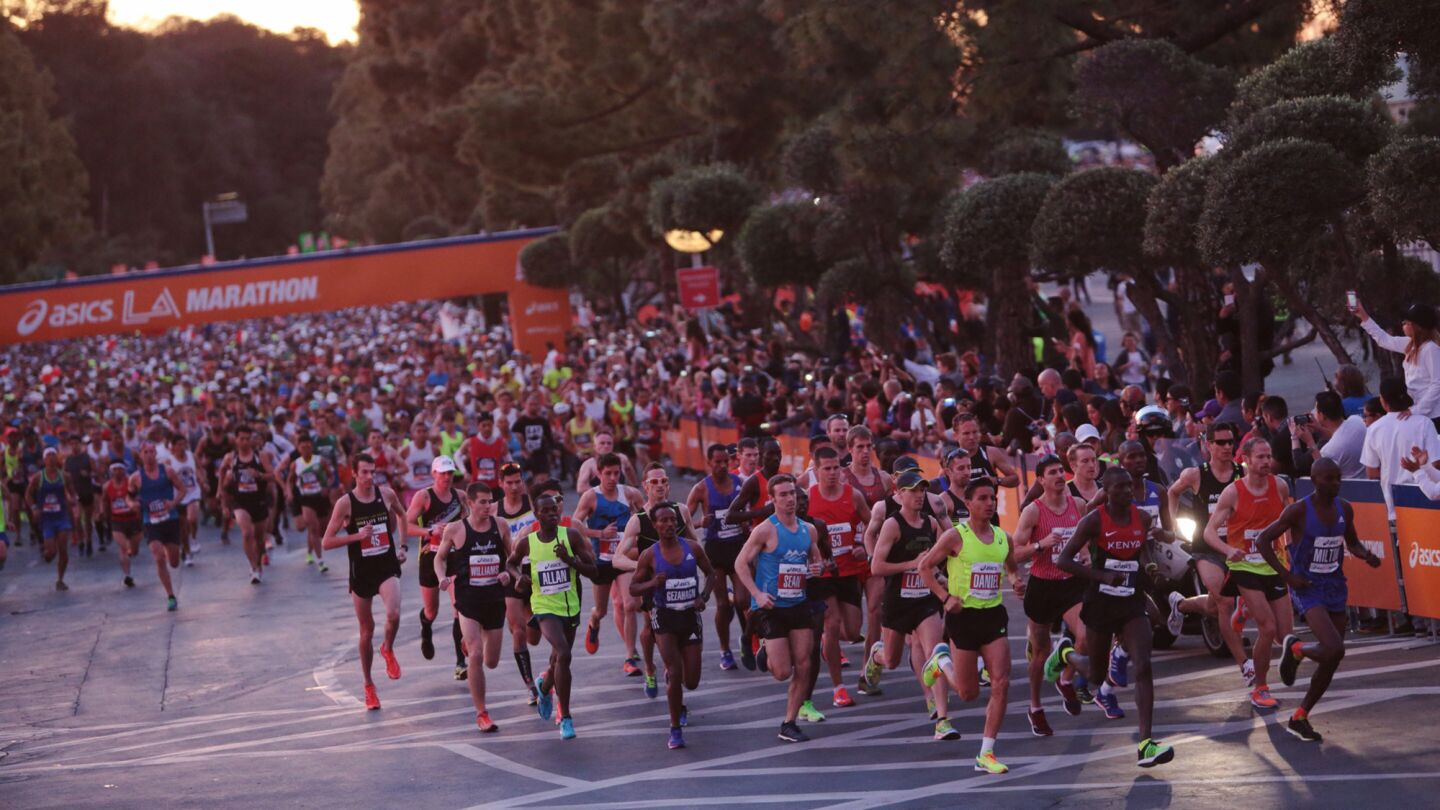 Elite runners at the start of the 30th Los Angeles Marathon.