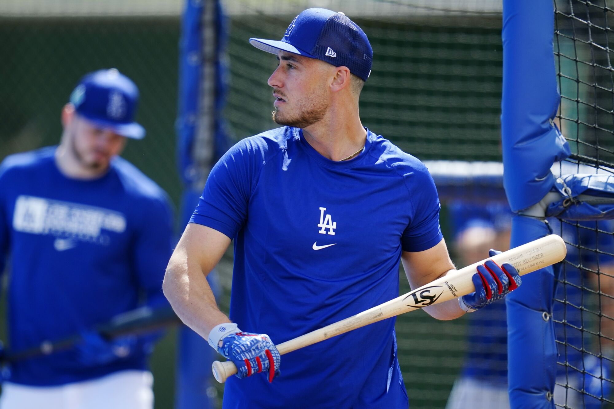 Cody Bellinger waits his turn during batting practice at Camelback Ranch in Phoenix on March 13.
