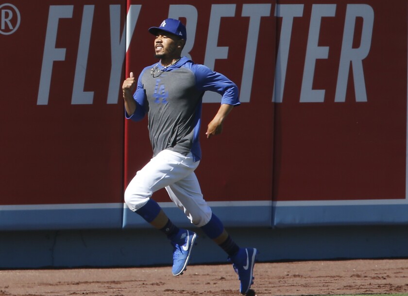 The Dodgers' Mookie Betts runs during a practice at Dodger Stadium on July 3, 2020.