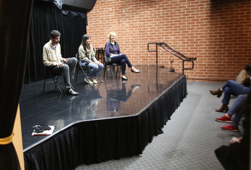 Adam Walker, left, Ivory Kellogg and Laura Dewey audition for the Orange County Crazies Improv class.