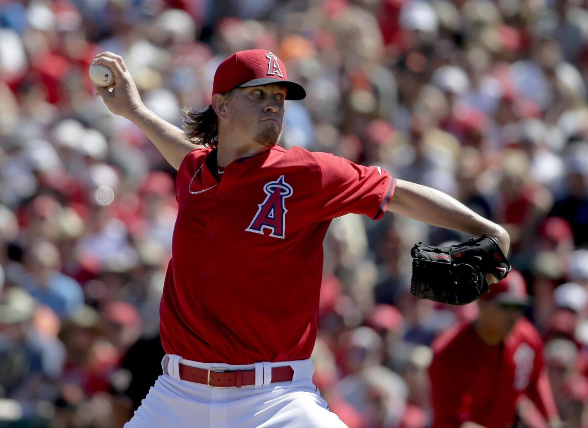 Jered Weaver pitched into the sixth inning for the first time this spring on Saturday, shutting out the Giants on four hits and striking out six.