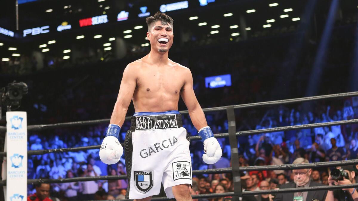 Mikey Garcia reacts after he wins his fight against Elio Rojas at the Barclays Center in the Brooklyn borough of New York on July 30, 2016.