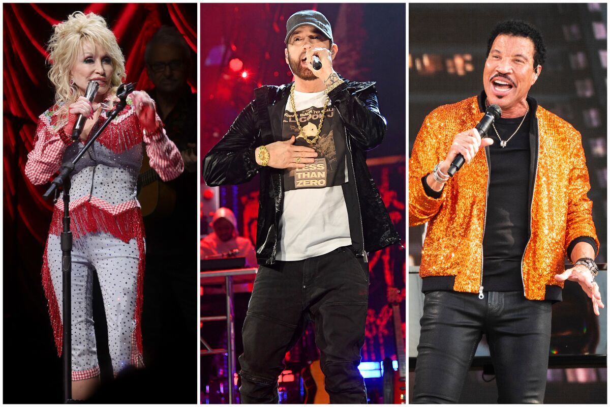 A triptych of photos of performers Dolly Parton, Eminem and Lionel Richie, all singing into microphones onstage.