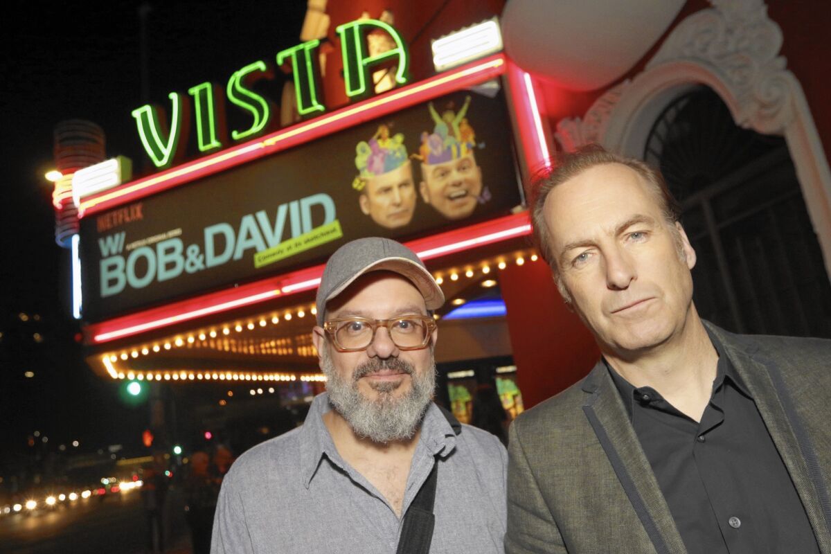 David Cross, left, and Bob Odenkirkat the screening of their show "W/Bob and David" at the Vista Theatre in Los Angeles on Nov. 05, 2015.
