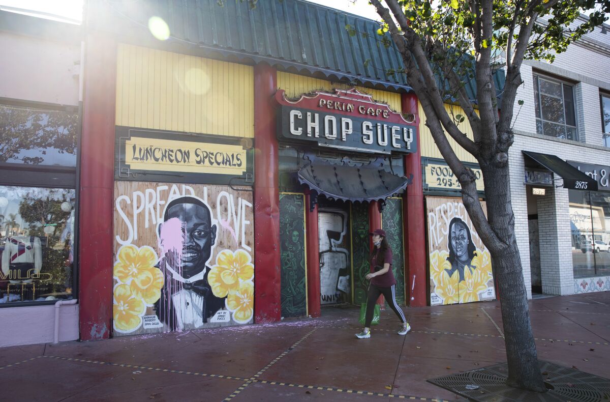 A mural of Ahmaud Arbery was recently defaced along University Avenue in North Park. 