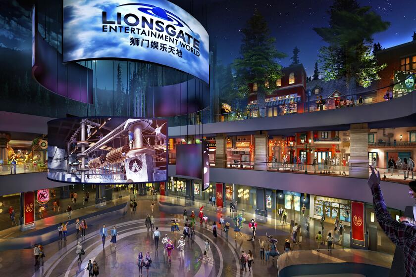 This rendering released by Lionsgate shows the atrium of Lionsgate Entertainment World, a virtual reality-heavy theme park set to open in July on Hengqin island in Zhuhai, China. The park will feature rides, shops and attractions set in the worlds of popular Lionsgate films including "The Hunger Games," "Twilight" and "Escape Room." (Lionsgate via AP)