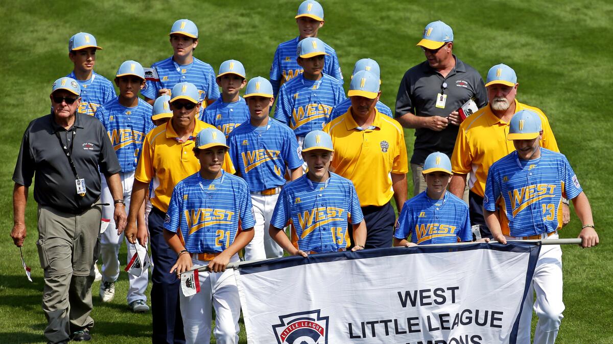 Rancho Santa Margarita players and coaches participate in the opening ceremony of the 2017 Little League World Series tournament.